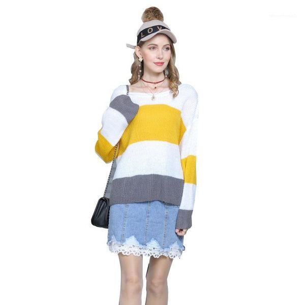 

women long flared sleeves knitted sweater loose striped stitching pullover mxma1, White;black