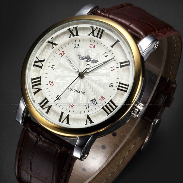 

rome number fashion men winner brand gold sport wristwatches self wind automatic mechanical calendar leather watch clock 201209, Slivery;brown
