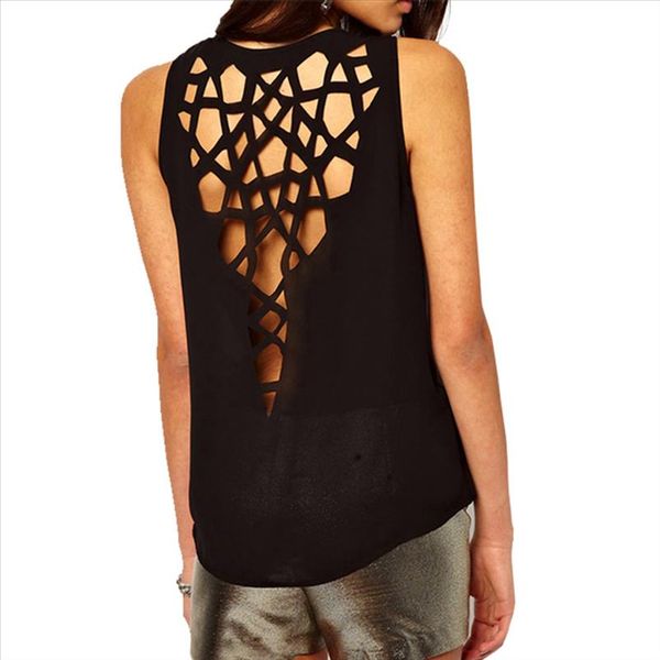 

new womens fashion back hollow shirt summer o neck sleeveless casual blusas femininas chiffon blouse ladies, White