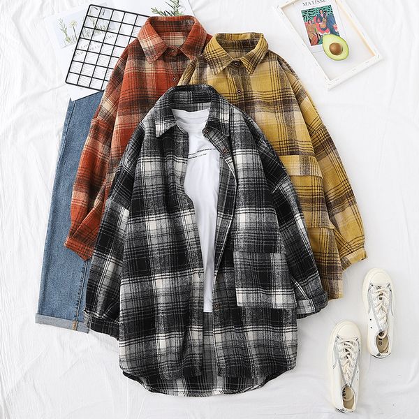 

spring autumn fashion retro british style frosted plaid shirt for women men lovers loose medium length thickened shirt coat 16238, White