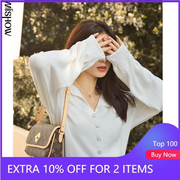 

mishow 2021 cardigan for women outdoor slim sweater fashion solid office lady turn down collar female knitted mx20c5649, White