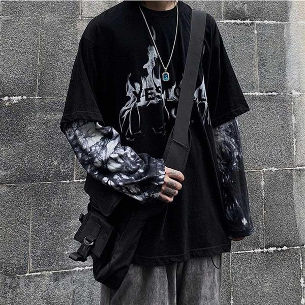 

harajuku pumpkin print letter t shirt fake 2 pieces patchwork female casual long sleeve t-shirt women and men streetwear, White