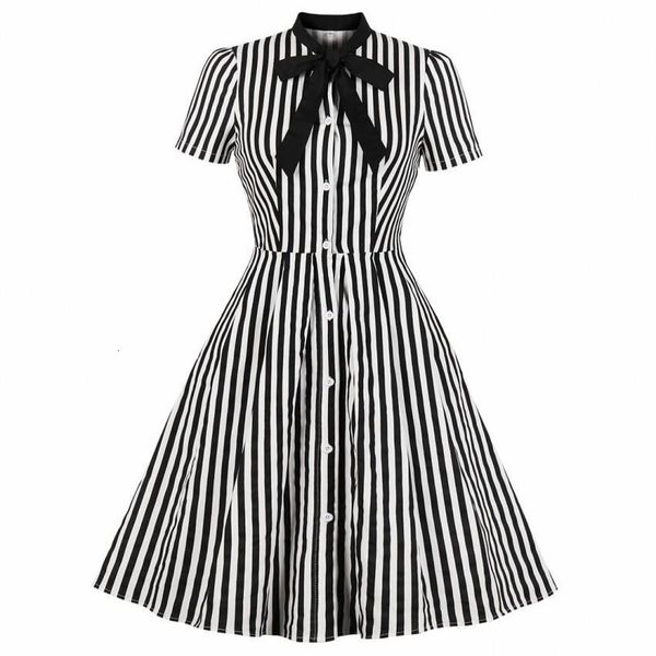 

summer cotton striped print midi dress casual cute women short sleeves bowknot shirt dresses evening party office swing vestidos, Black;gray