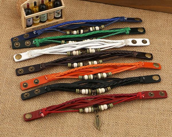 

antique leaf pendant leather bracelet strap student leather bracelet gsfb469 mix order 20 pieces a lot charm bracelets, Golden;silver