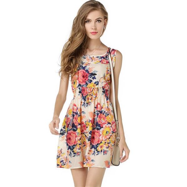 

2021 new design summer dress new women casual bohemian dress floral flower sleeveless vest printed beach chiffon mini dress, Black;gray