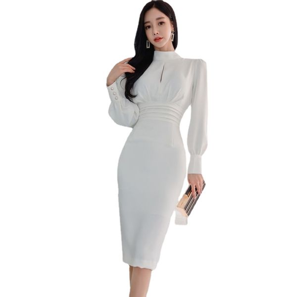 Abiti da festa Outono Sólido Branco Mulhes Magro Escritório Bodycon Lápis Vestidos Casuais Senhora Halter Arco Midi Vestitido de Festa