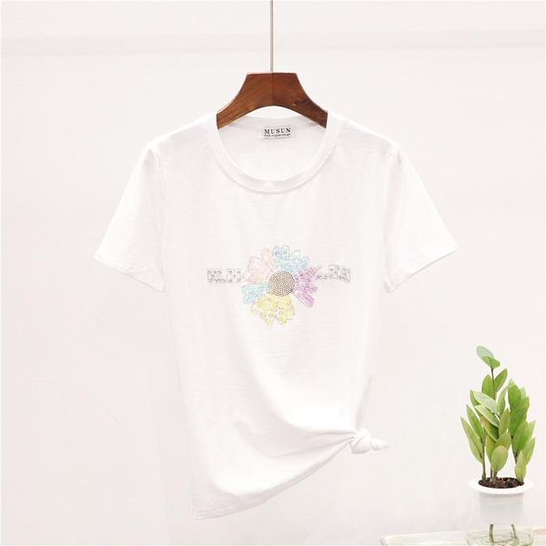 

summer new fashion ladies sequins flowers pattern cotton t-shirt women casual white mujer loose o-neck tee shirt female