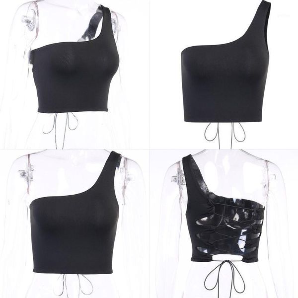 

women bandage hollow backless one shoulder vest slim club cocktail crop, White