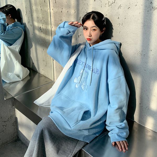

hooded sweater women's plush thickened ins trendy loose korean super fire bear ancient vintage coat, Black