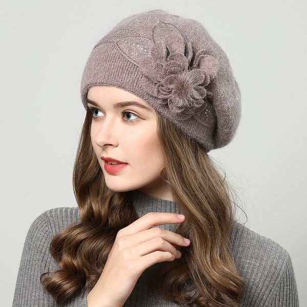 

fibonacci new brand quality female beret wool knitting cap hat autumn winter fashion floral women berets t200718, Blue;gray