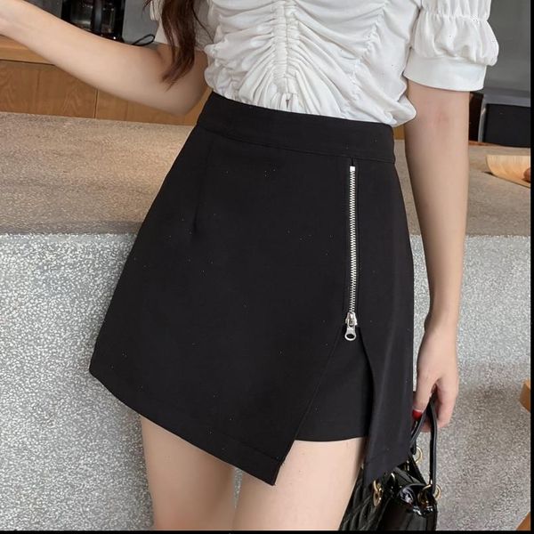 

women irregular shorts skirts 2021 summer streetwear high waist wide leg side zipper slit chic shorts feminino lady short pants, White;black