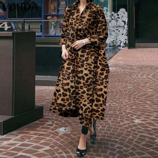 

casual dresses 2021 vonda retro leopard printed shirt vintage maxi dress autumn long sleeve button lapel vestidos party sundress, Black;gray