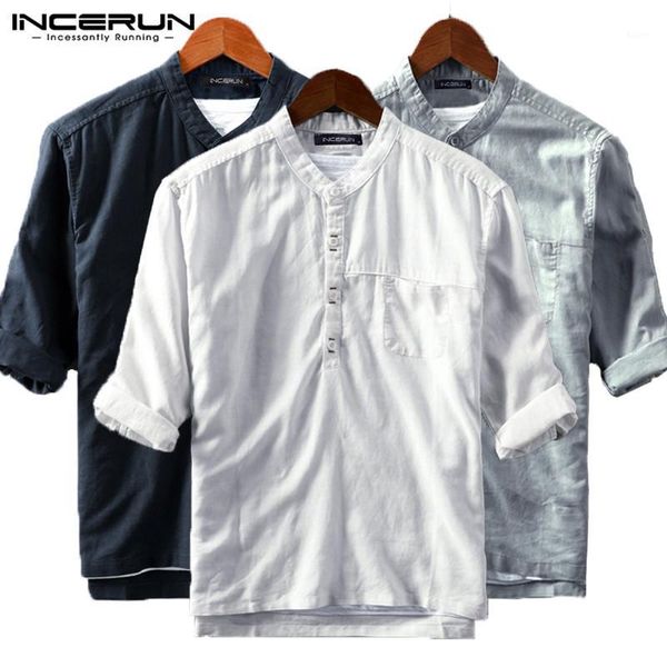 

incerun men leisure shirts solid color half sleeve stand collar blusas man cotton bussiness blouse hombre basic harajuku camisa1, White;black