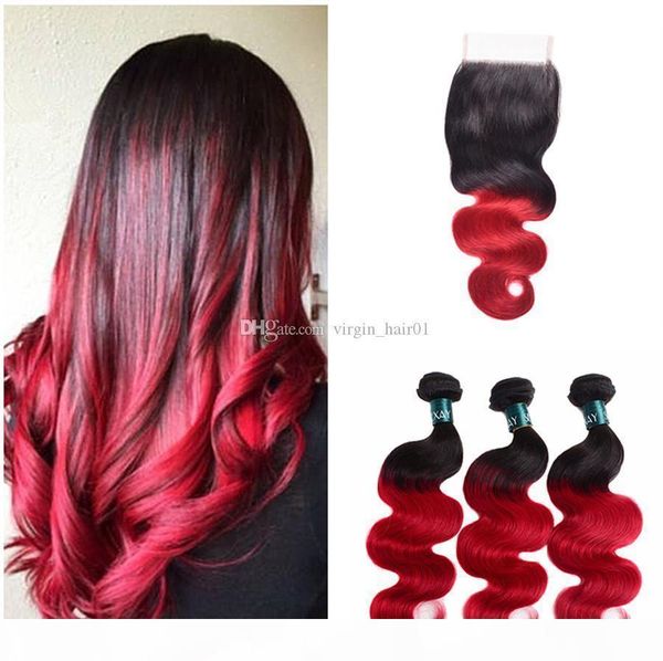 

peruvian 9a human hair red hair bundles with lace closure soft hair body wave with lace closure 4x4 middle three part, Black;brown