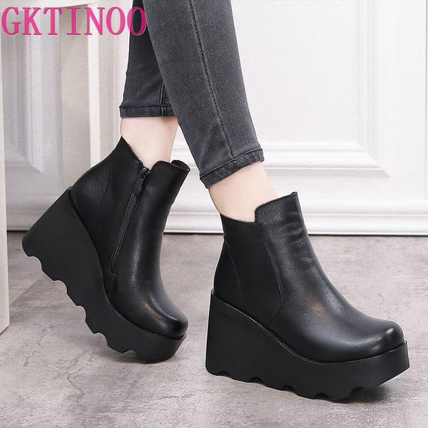 

2020 autumn winter soft leather platform high heels girl wedges ankle boots shoes for woman fashion boots women size 34-40, Black