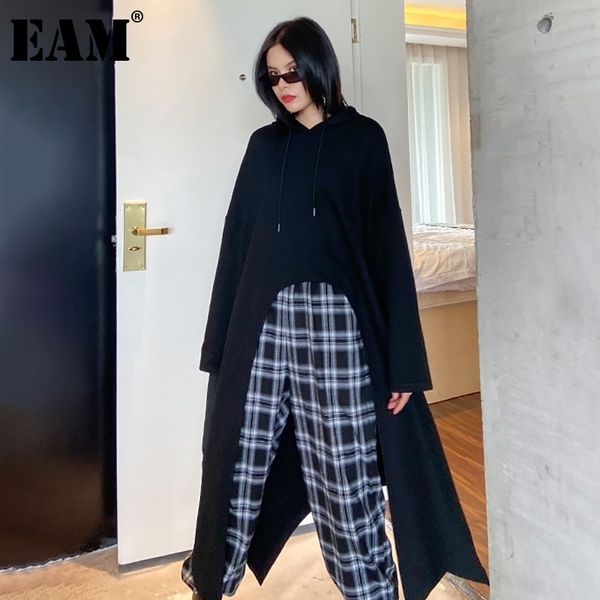 

[eam] loose fit black irregular long sweatshirt new hooded long sleeve women big size fashion tide spring autumn 1dc356 201126