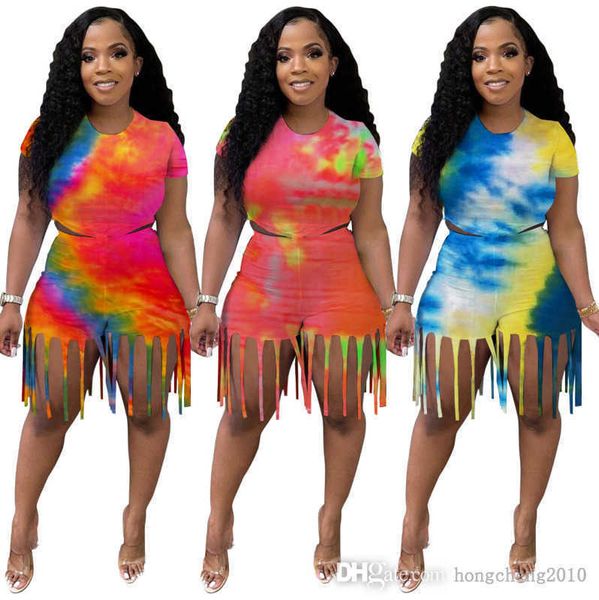 

2022 summer women two pieces pants sets sports tracksuits tie dye printed short sleeve t-shirt tassel shorts outfits fashion lady plus size, White