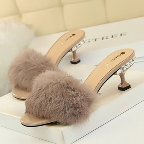 

women slippers middle heels sandals women shoes fur heels pumps party shoes female shoes women heels slippers x1020, Black