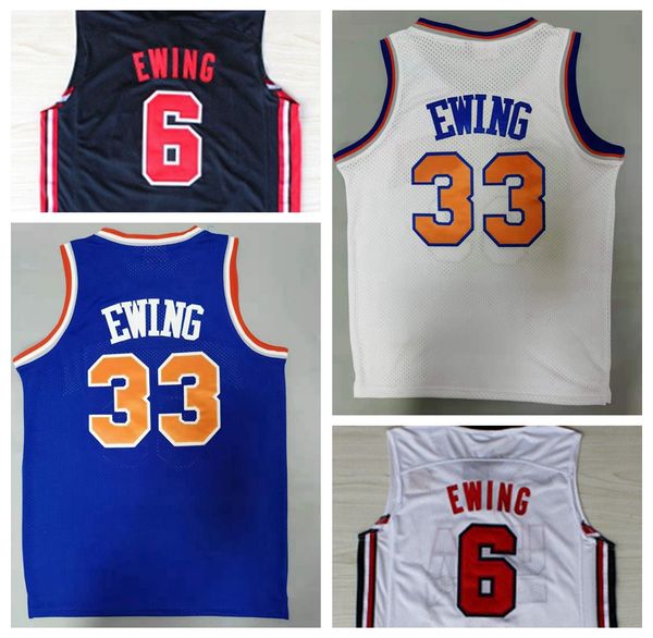 Mi08 Vintage 1991-92 Patrick Ewing Camisas de Basquete Masculina Azul #33 Camisas Brancas Costuradas S-XXL Mesh Branco de Alta Qualidade S-XXL