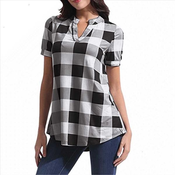 

arrival new women shirts plaid printed short sleeve v neck irregular hem blouse ladies blouses female blusas mujer, White