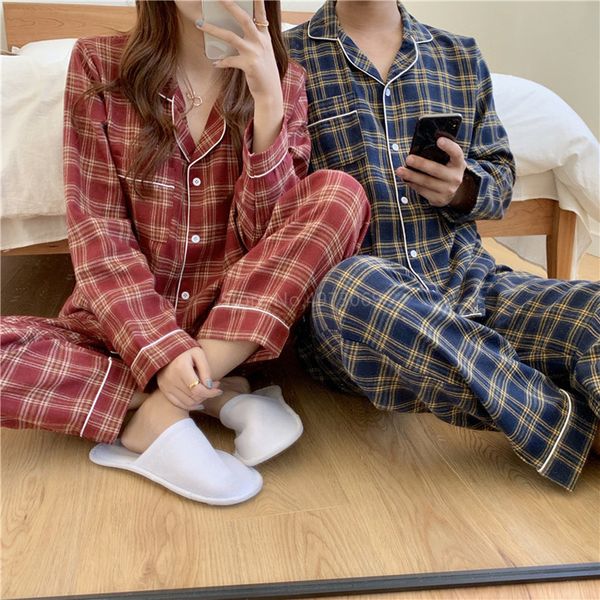 

2020 women men pyjama set couple plaid pajamas sets casual home service pants long sleeve cartoon button lounge sleepwear h1210, Black;red
