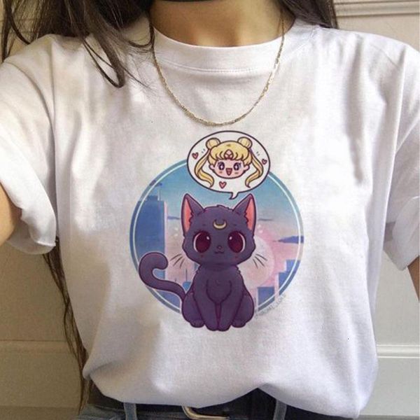 

sailor moon summer new fashion t shirt women harajuku short sleeve ulzzang t-shirt cartoon cute cat casual tee, White