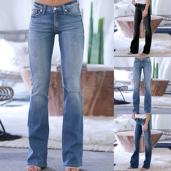 

heflashor women fashion casual ripped jeans ladies vintage stretch denim pants wide leg long flared trousers female button pants1, Blue