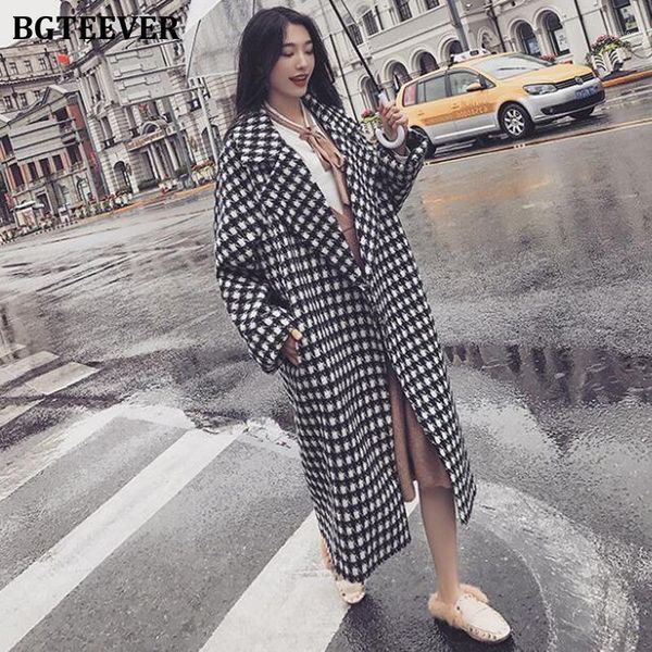 

bgteever fashion loose warm houndstooth woolen coats women overcoats 2020 winter lapel full sleeve pockets female cardigan coats1, Black