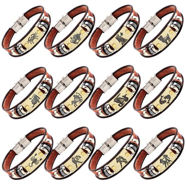 

women fashion 3 layer twelve constellations leather 12 zodiac bracelet men weave rope bracelets jewelry