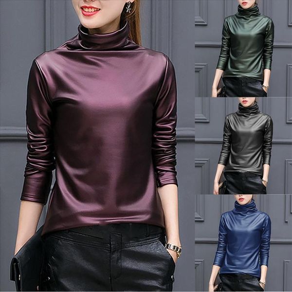 

women basic shirts faux leather solid turtleneck long sleeve blouse casual drop shipping good quality, White