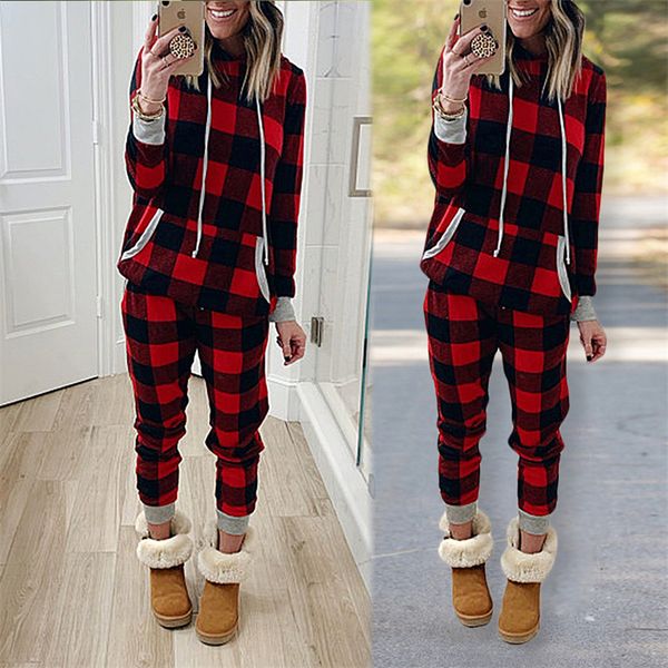 

женщины рождественские пленки cousssit xmas двухструктурная одежда pajamas sets checked с капюшоном толстовки на обмотке trourser костюм нов, White