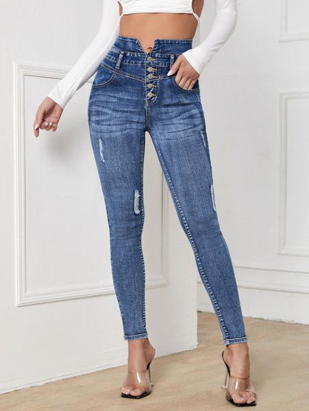 

button fly ripped skinny jeans h8dg#, Blue