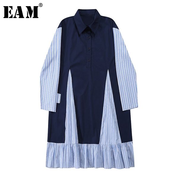 

[eam] women blue striped split big size shirt dress new lapel long sleeve loose fit fashion tide spring autumn 2020 1z212 lj201202, Black;gray