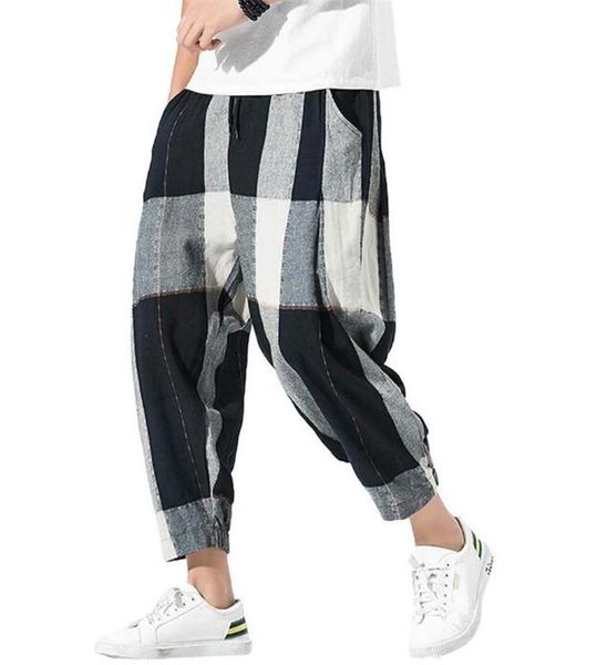 

men casual harem pants fashion mens trousers spring autumn black stripe plaid jogger pants