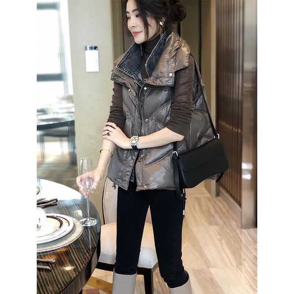 

women's vests lightweight fake two-piece waistcoat 2021 winter denim stitching short vest cotton-padded jacket, Black;white