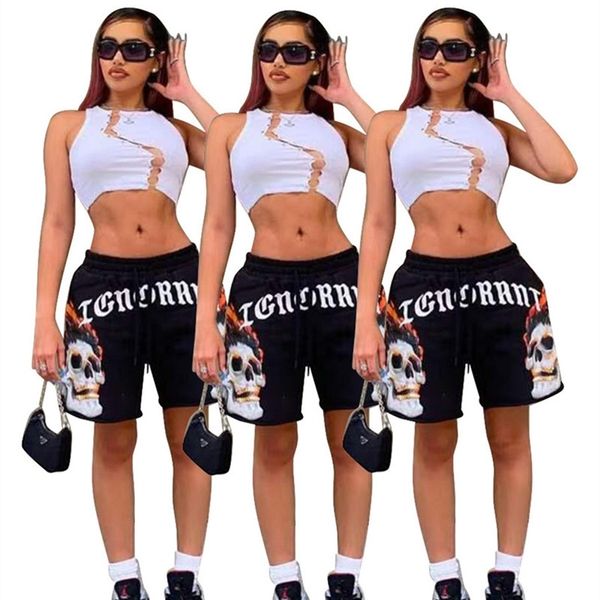 

2021 summer skull letters printed women's loose shorts casual double pocket fifth pants fashion girls sports wide leg shorts clothes h1, White