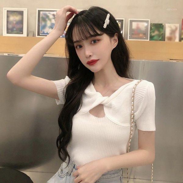 

summer cut-out knitted tshirt women slim bottoming short sleeve sweet girl slim t-shirt1, White