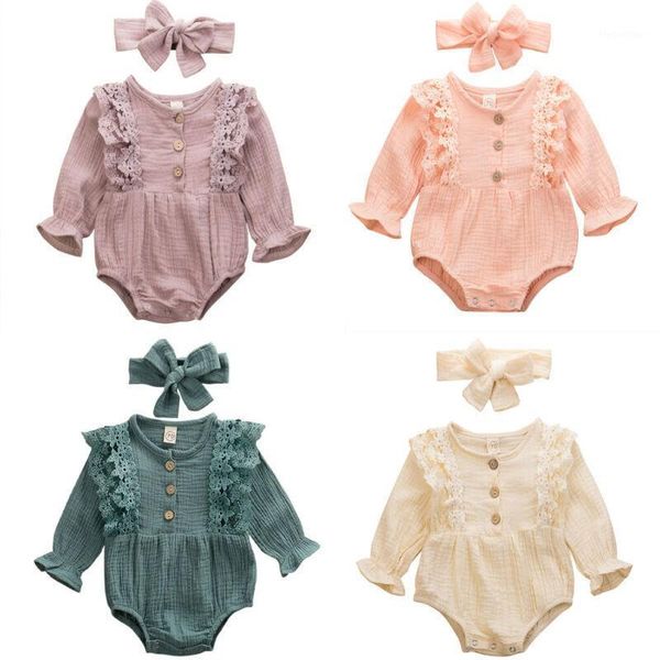 

clothing sets baby spring autumn born infant kids clothes girls warm cotton linen button ruffled jumpsuit bodysuit headband1, White