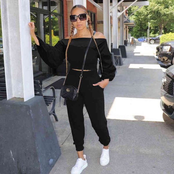 

ladies fashion personality long sleeve one shoulder loose and tight pleated lantern sleeve trousers two-piece set, Gray