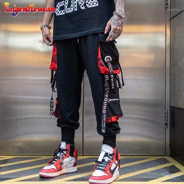 

men hit color pocket track pants men fashion elastic waist hip hop streetwear letter ribbons sweatpants joggers nine pants1, Black