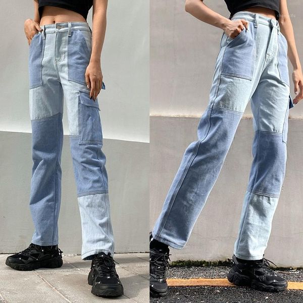 

autumn patchwork cargo pants women streetwear high waist jeans female denim pants1, Blue