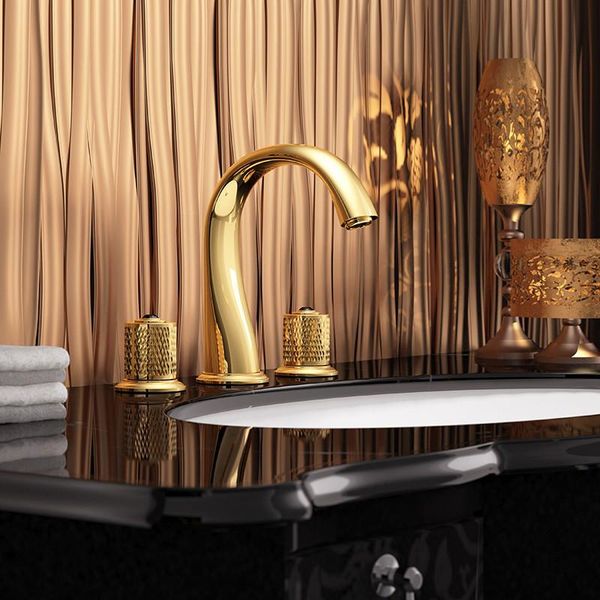 

bathroom sink faucets basin mixer gold brass polished deck mounted square 3 hole double handle and cold water tap