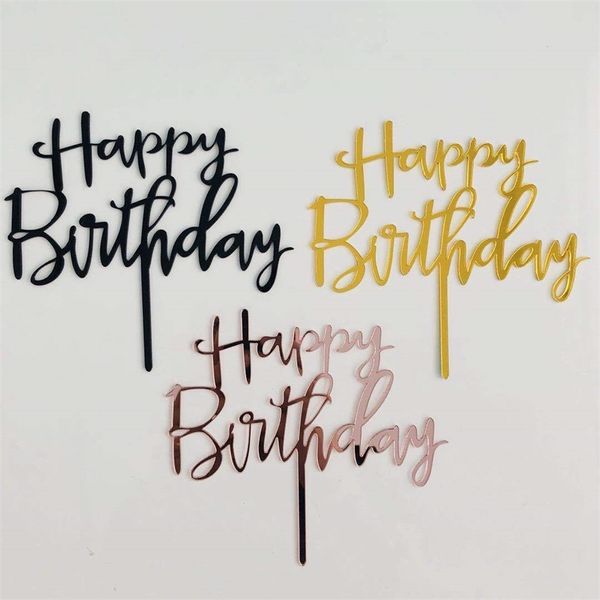 Rosa prata prata feliz aniversário bolo topper acrílico letra cupcake toppers para menino menina festa de aniversário bolo decoração suprimentos y200618