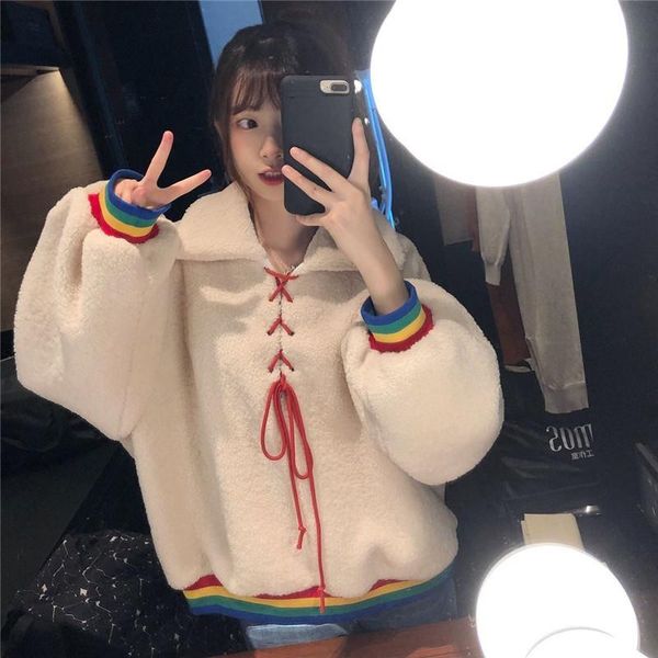 

female sweatshirt oversize rainbow casual hoodie cute long sleeve women chic ulzzang korean streetwear kawaii oqqwj, Black