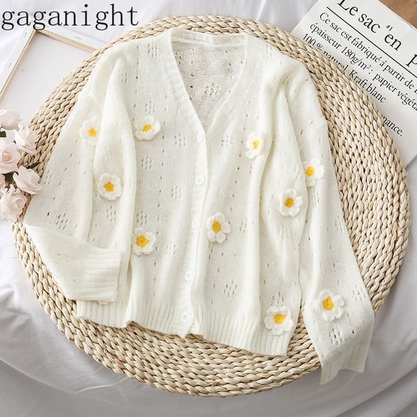 

gaganight applique flower white women cardigan hollow out thick sweet girls kardigan spring autumn sweater female korean student lj200818, White;black