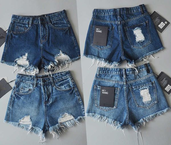 

2020 new summer style high waist holed fleece denim shorts for women, Blue