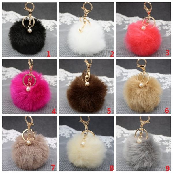 

pompon fluffy ball faux keychain trinket rabbit fur pom pearl chain women key ring holder for bag car jewelry gift 22 co, Silver