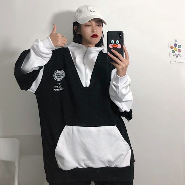 

hooded boyfriends' sweater women's design sense small number of winter 2020 loose foreign style korean version contrast bf 1m38, Black