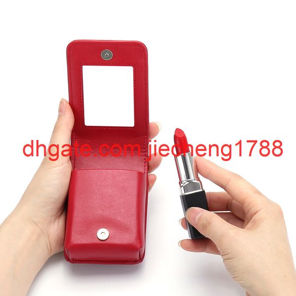 

genuine leather, red envelopes, fashion rivets, fashion cosmetic bags, lipstick, rink, mini storage, portable mirror, Red;black