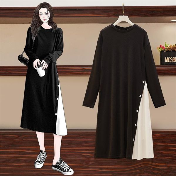 

willstage l- 4xl oversize dress women irregular knitting loose dresses button black and white plus size dresses female clothes, Black;gray